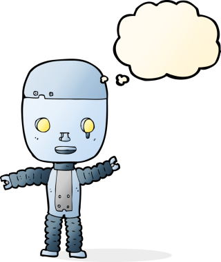 Bir insan tarafından çizilmiş düşünce baloncuklu çizgi film robotu