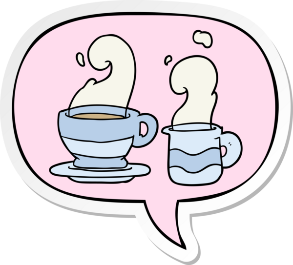 Bir insan tarafından çizilmiş konuşma kabarcığı çıkartmalı bir fincan kahve.