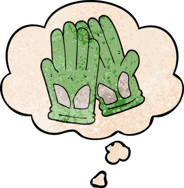 Bir insan tarafından çizilmiş grunge desenli düşünce baloncuklu bahçe eldivenleri.