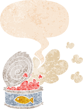 çizgi film kokulu balık konservesi ve grunge 'da konuşma balonu insan tarafından çizilmiş rahatsız edilmiş retro dokuma tarzı