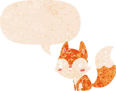 bir insan tarafından çizilmiş grunge sıkıntılı retro biçimli konuşma balonu ile çizgi film tilkisi