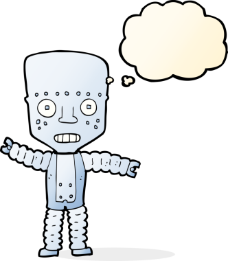 Bir insan tarafından çizilmiş düşünce baloncuklu çizgi film robotu