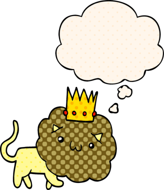 Karikatür aslanı ve bir insan tarafından çizilmiş düşünce baloncuğu.