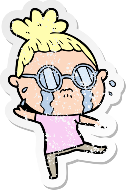 Bir insan tarafından çizilmiş gözlüklü, ağlayan bir karikatür çıkartması.