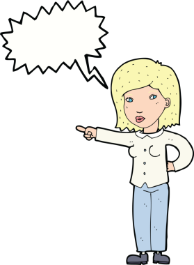 Bir insan tarafından çizilmiş bir konuşma balonuyla işaret eden çizgi film kadını.