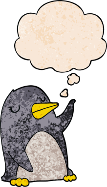 Bir insan tarafından çizilmiş grunge desenli düşünce baloncuklu penguen çizgi filmi.