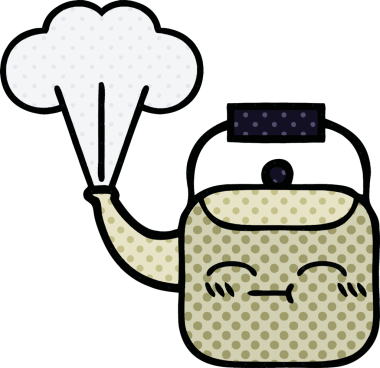 Bir insan tarafından çizilmiş dumanı tüten bir çaydanlığın çizgi romanı.