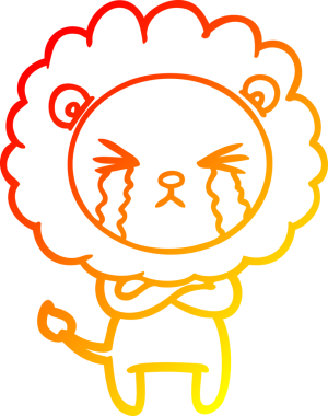 Bir insan tarafından çapraz kollarla çizilmiş, ağlayan bir aslanın çizgi çizimi.