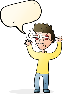 Bir insan tarafından çizilmiş, konuşma balonuyla dehşete düşmüş bir adam.