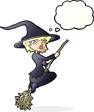 Bir insan tarafından çizilmiş düşünce balonuyla süpürgeye binen cadı çizgi filmi.