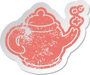 Bir insan tarafından çizilmiş mavi çay demliğinin sıkıntılı eski çizgi film etiketi.