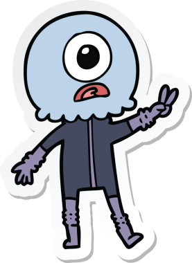 Bir insan tarafından çizilmiş barış işareti veren uzaylı bir Tepegöz 'ün çıkartması.