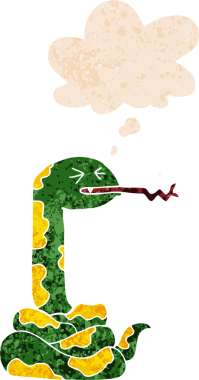 Düşünce baloncuklu çizgi film tıslayan yılan bir insan tarafından çizilmiş dertli retro tarzı