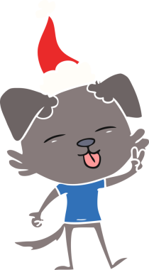 Bir insan tarafından çizilmiş Noel Baba şapkası takan bir köpeğin el çizimi düz renk çizimi.