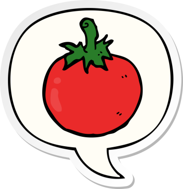 Bir insan tarafından çizilmiş konuşma kabarcığı çıkartmalı domates çizgi filmi.