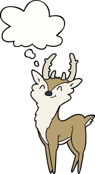Bir insan tarafından çizilmiş düşünce baloncuklu mutlu bir geyik.