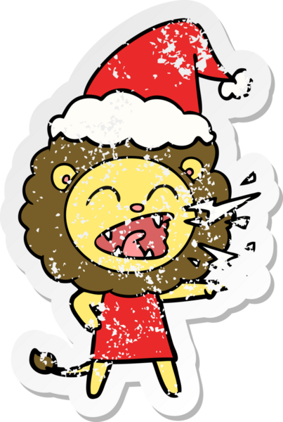 Kükreyen bir aslan kızın insan tarafından çizilmiş Noel Baba şapkası giymiş üzgün bir karikatürü.