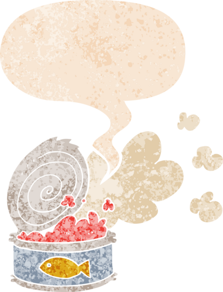 çizgi film kokulu balık konservesi ve grunge 'da konuşma balonu insan tarafından çizilmiş rahatsız edilmiş retro dokuma tarzı