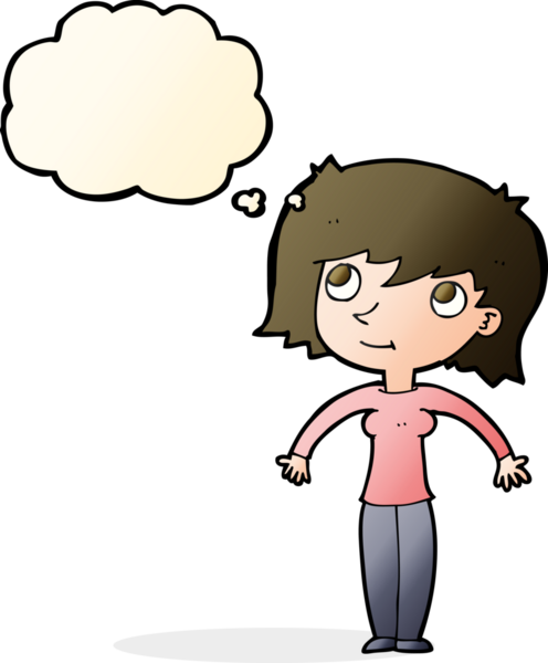 Bir insan tarafından çizilmiş düşünce baloncuğuyla omuz silken çizgi film kadını.