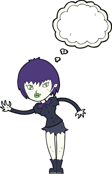 Bir insan tarafından çizilmiş düşünce balonuyla karşılayan vampir kız.