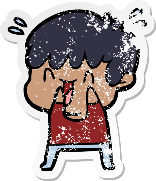 Bir insan tarafından çizilmiş gülen bir çizgi film karakterinin sıkıntılı çıkartması.