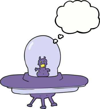 Bir insan tarafından çizilmiş serbest çizim düşünce balonu uzaylı uzay gemisi.