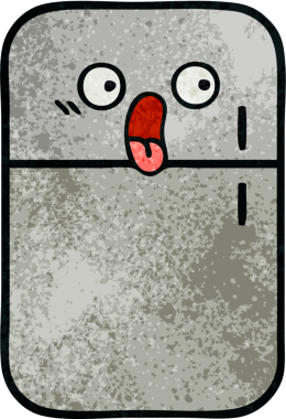 Bir insan tarafından çizilmiş buzdolabının retro grunge desenli karikatürü.