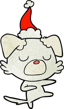 Bir insan tarafından çizilmiş Noel Baba şapkası takan bir köpeğin el çizimi karikatürü.