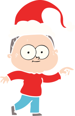 Bir insan tarafından çizilmiş Noel Baba şapkası giyen mutlu yaşlı bir kadının el resmi.