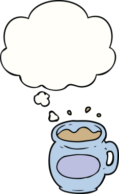 Bir insan tarafından çizilmiş düşünce baloncuklu kahve fincanı.