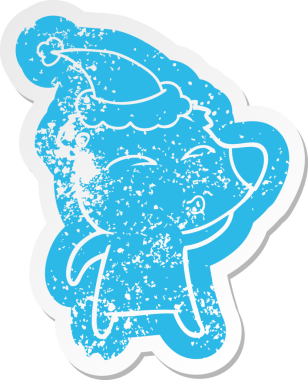 Bir insan tarafından çizilmiş Noel Baba şapkası takan ıslık çalan bir ayının hüzünlü karikatürü.