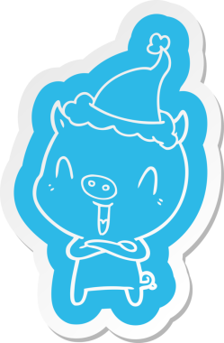 Bir insan tarafından çizilmiş Noel Baba şapkası takan bir domuzun komik çizgi film çıkartması.