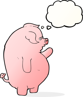 Bir insan tarafından çizilmiş düşünce baloncuklu şişman domuz.