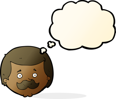 Bir insan tarafından çizilmiş düşünce baloncuklu bıyıklı çizgi film adamı.