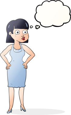 Bir insan tarafından çizilmiş kalçaları olan serbest çizimli düşünce balonu karikatürü kadın.