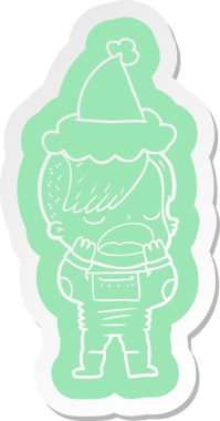 Uzay giysili havalı bir hippi kızın insan tarafından çizilmiş Noel Baba şapkası giydiği garip bir çizgi film çıkartması.