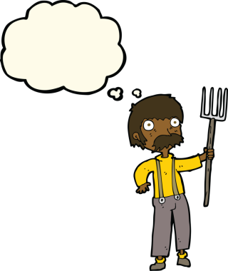 Bir insan tarafından çizilmiş düşünce baloncuklu dirgenli çizgi film çiftçisi.