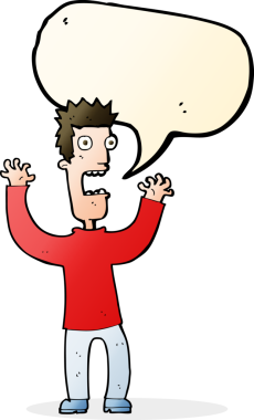 Bir insan tarafından çizilmiş, konuşma balonuyla dehşete düşmüş bir adam.