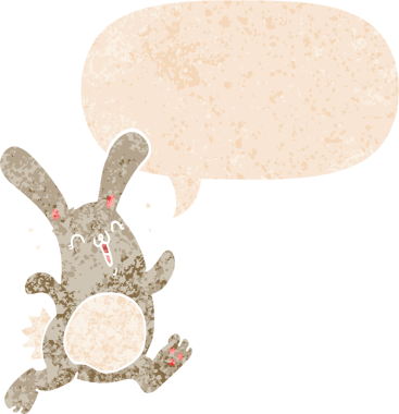 Konuşma baloncuğu olan çizgi film tavşanı bir insan tarafından çizilmiş dertli retro tarzı