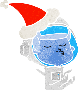 Kendine güvenen bir astronotun Noel Baba şapkası taktığı el çizimi bir insan tarafından çizilmiş.