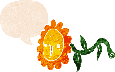 Bir insan tarafından çizilmiş grunge dertli retro biçimli konuşma baloncuklu karikatür çiçeği