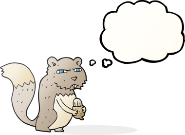 Serbest çizim düşünce balonu karikatürü kızgın sincap ve bir insan tarafından çizilmiş fındık