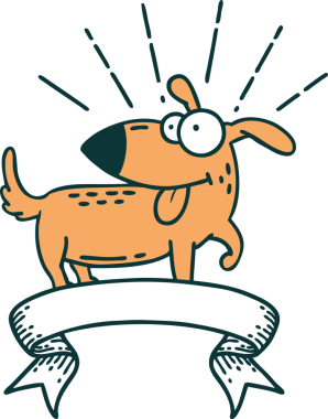 Bir insan tarafından çizilmiş dövmeli mutlu bir köpek.