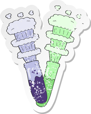 Bir insan tarafından çizilmiş test tüplerindeki karikatür kimyasallarının gerilimli retro etiketi.