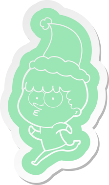 Bir insan tarafından çizilmiş Noel Baba şapkasıyla koşan meraklı bir çocuğun garip çizgi film etiketi.