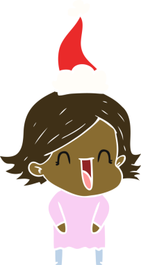 Bir insan tarafından çizilmiş Noel Baba şapkası giymiş, gülen bir kadının düz renkli çizimi.