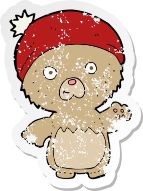 Bir insan tarafından çizilmiş şapkalı sevimli oyuncak ayının gerilimli çıkartması.