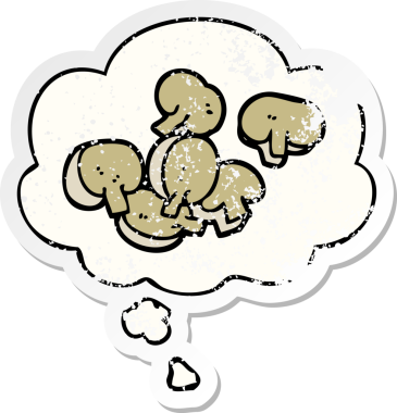 İnsan tarafından çizilmiş yıpranmış bir çıkartma gibi, düşünce baloncuklu kesilmiş mantarlar.