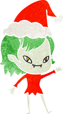 Bir insan tarafından çizilmiş Noel Baba şapkası takan arkadaş canlısı vampir bir kızın el çizimi karikatürü.