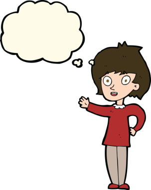 Bir insan tarafından çizilmiş düşünce balonlu mutlu kadın çizgi filmi.